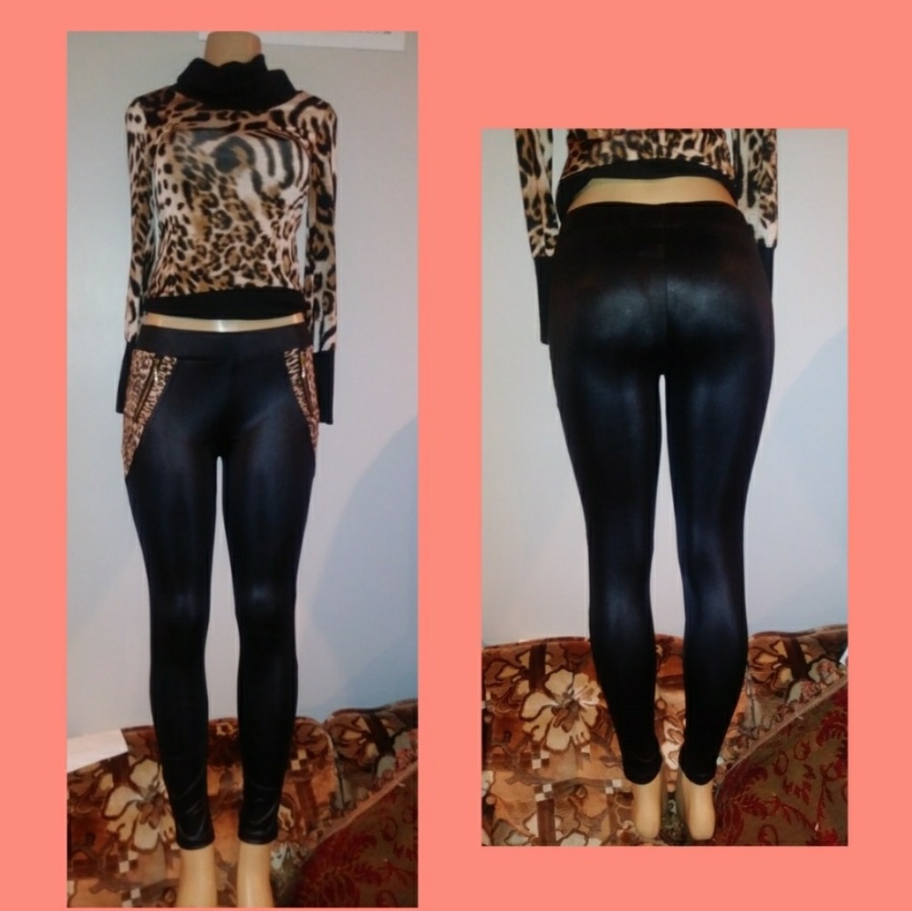 Wet look leggings animal print sides